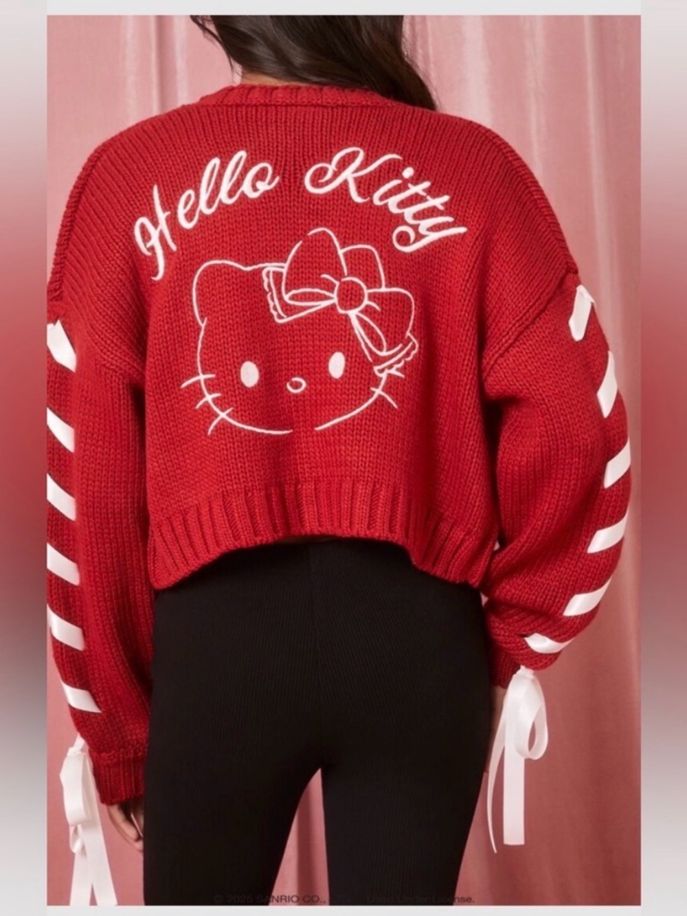 F21 Hello Kitty Valentines Collection Red Knit Ribbon Cardigan - Picture 2 of 2